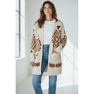 Warm & Cozy Lifestyle Womens Cream Brown Geometric Aztec Cardigan Sweater Size S